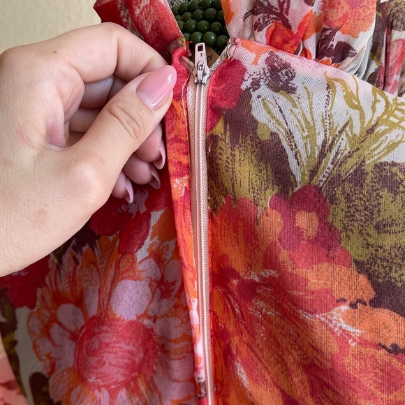 Vintage 1960s Small Floral Full Length Sheer Gown with Ruffle Detail - 60s Pink - Picture 7 of 11